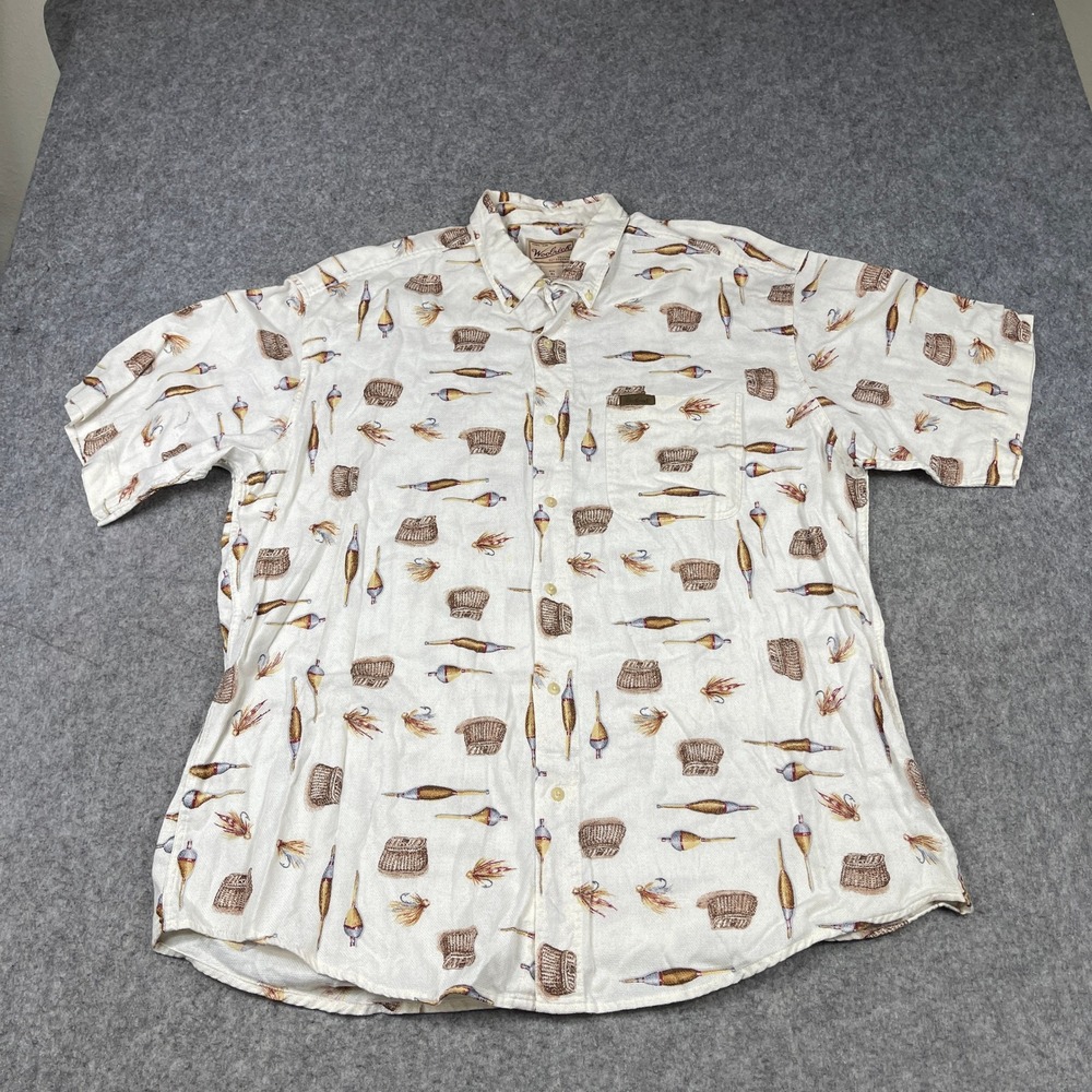 Woolrich Fishing Print Shirt Mens XL White Short Sleeve Cotton Button Down
